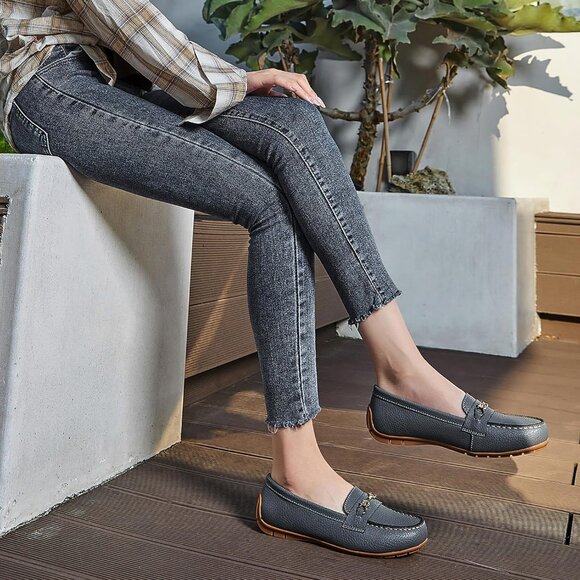 Kordal Women's Grey Leather Gold Accent Buckle Slip-Ons Walking Flats Loafers - Picture 6 of 9